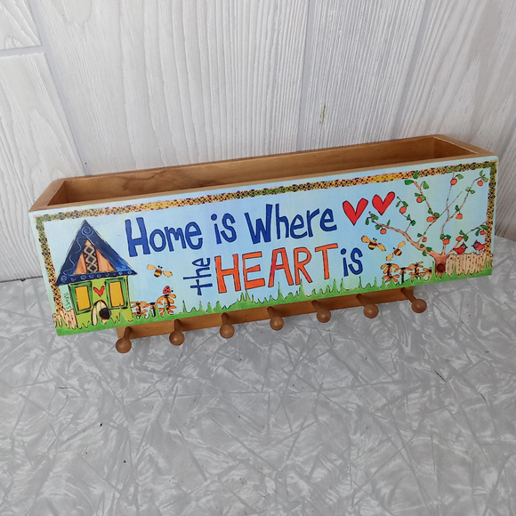 Catch-All Wooden Wall Hanging Box with Key Hooks - Picture 2 of 8